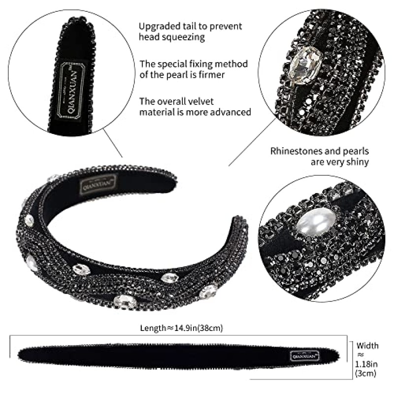 QIANXUAN 크리스탈 라인 석 머리띠 여성용 화이트 진주 머리띠 여성용 패딩 머리띠 블랙 벨벳 쥬얼리 체인 헤어 밴드 수제 진주 꽃 레트로 필링 다이아몬드 헤어 액세서리