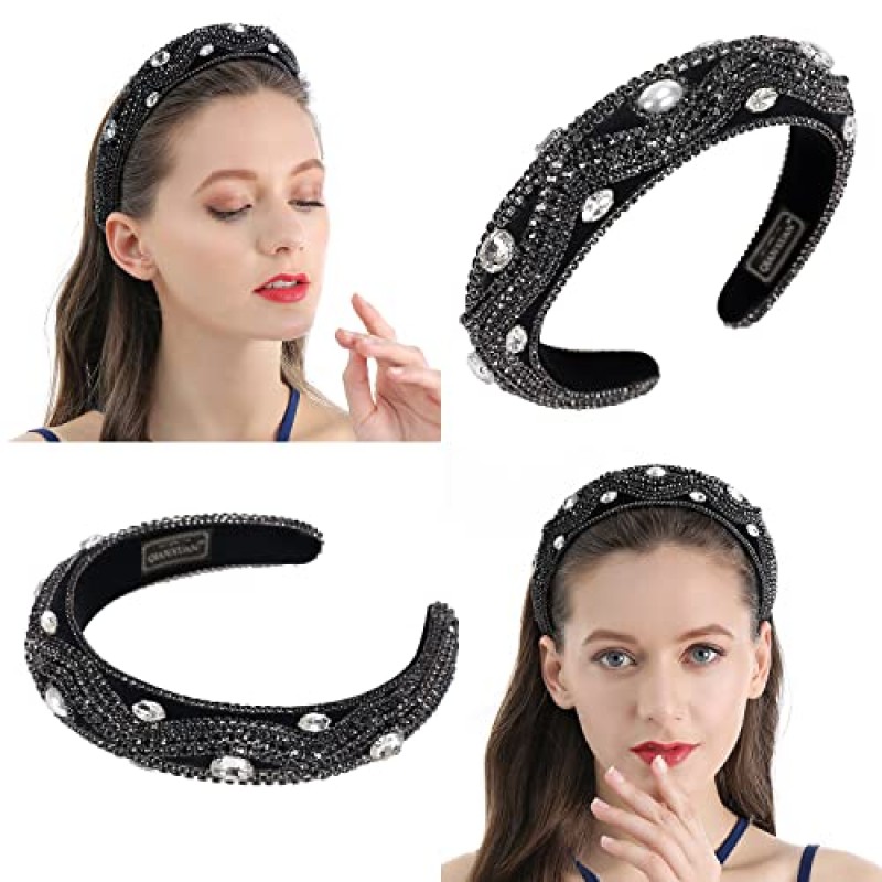 QIANXUAN 크리스탈 라인 석 머리띠 여성용 화이트 진주 머리띠 여성용 패딩 머리띠 블랙 벨벳 쥬얼리 체인 헤어 밴드 수제 진주 꽃 레트로 필링 다이아몬드 헤어 액세서리