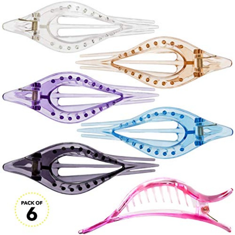 RC ROCHE ORNAMENT 6 Pcs 여성용 프리미엄 품질 플라스틱 중공 타원형 구멍 우아한 곡선 머리 패션 액세서리 클램프 안티 슬립 사이드 슬라이드 클러치 클립, 대형 투명 멀티 컬러