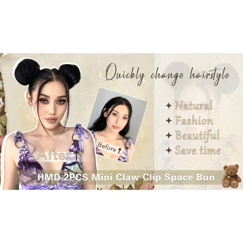 HMD 2PCS 미니 클로 클립 헤어 번 스페이스 번 지저분한 고양이 귀 헤어 피스 클로 헤어 번 확장 합성 도넛 Updo 헤어 익스텐션 여성용 헤어 액세서리 소녀(6A)