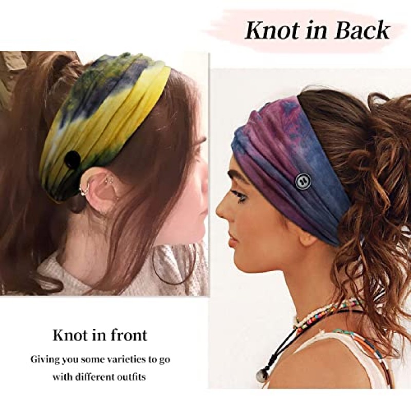 마스크 용 버튼 여성용 간호사 머리띠 타이 염색 패션 머리띠 미끄럼 방지 탄성 귀 보호 남성 의사 헤어 밴드 매듭 스포츠 스웨트 밴드 헤드 밴드 귀 보호용 (4 팩)