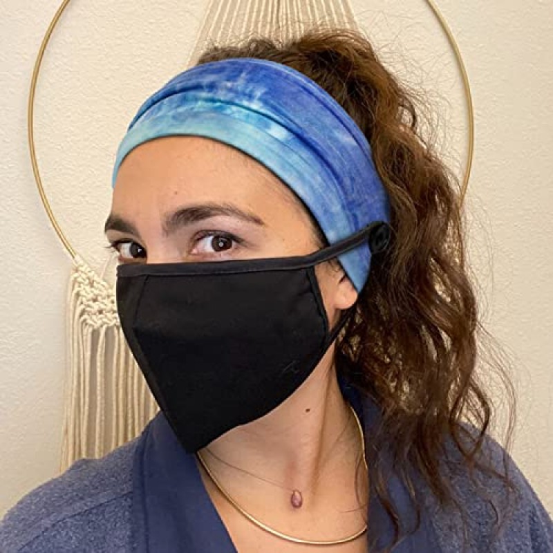 마스크 용 버튼 여성용 간호사 머리띠 타이 염색 패션 머리띠 미끄럼 방지 탄성 귀 보호 남성 의사 헤어 밴드 매듭 스포츠 스웨트 밴드 헤드 밴드 귀 보호용 (4 팩)