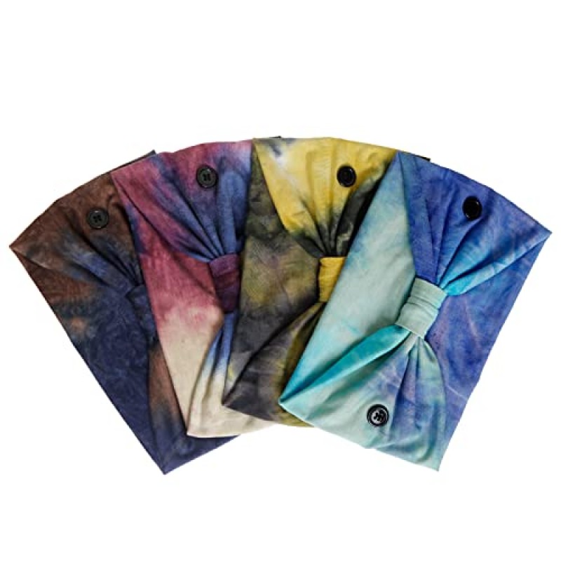 마스크 용 버튼 여성용 간호사 머리띠 타이 염색 패션 머리띠 미끄럼 방지 탄성 귀 보호 남성 의사 헤어 밴드 매듭 스포츠 스웨트 밴드 헤드 밴드 귀 보호용 (4 팩)