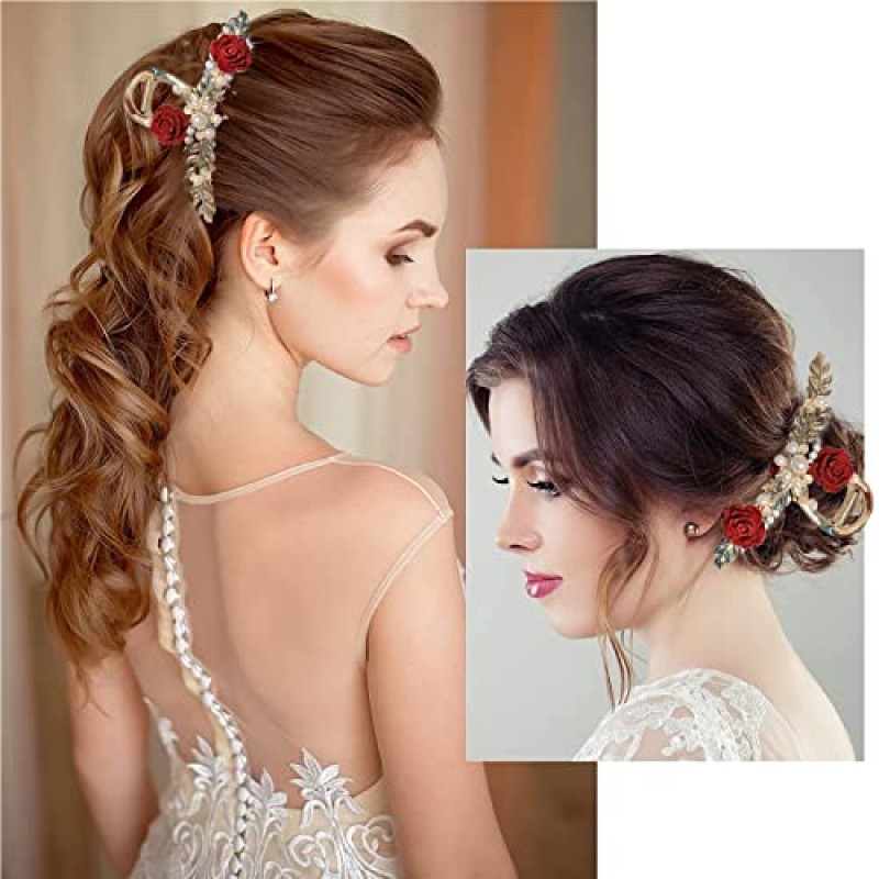대형 장미 꽃 머리핀 중국 스타일의 꽃 머리 발톱 클립 금속 진주 머리핀 헤어 액세서리 중국어 복고풍 장미 머리 클램프 꽃 장식 여성을위한 패션 주얼리 (장미 머리핀)