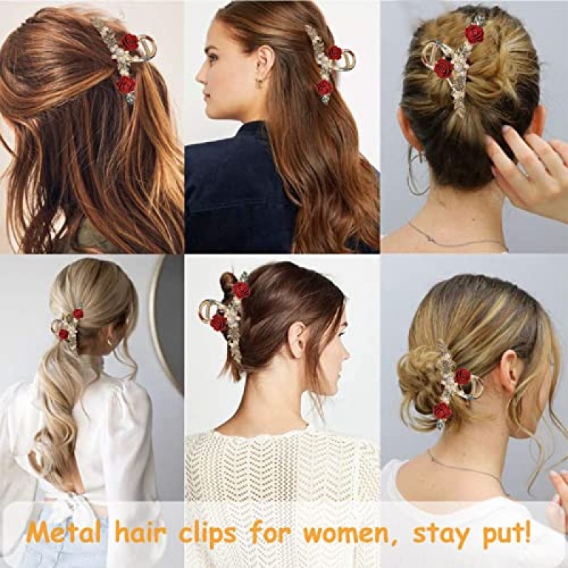 대형 장미 꽃 머리핀 중국 스타일의 꽃 머리 발톱 클립 금속 진주 머리핀 헤어 액세서리 중국어 복고풍 장미 머리 클램프 꽃 장식 여성을위한 패션 주얼리 (장미 머리핀)