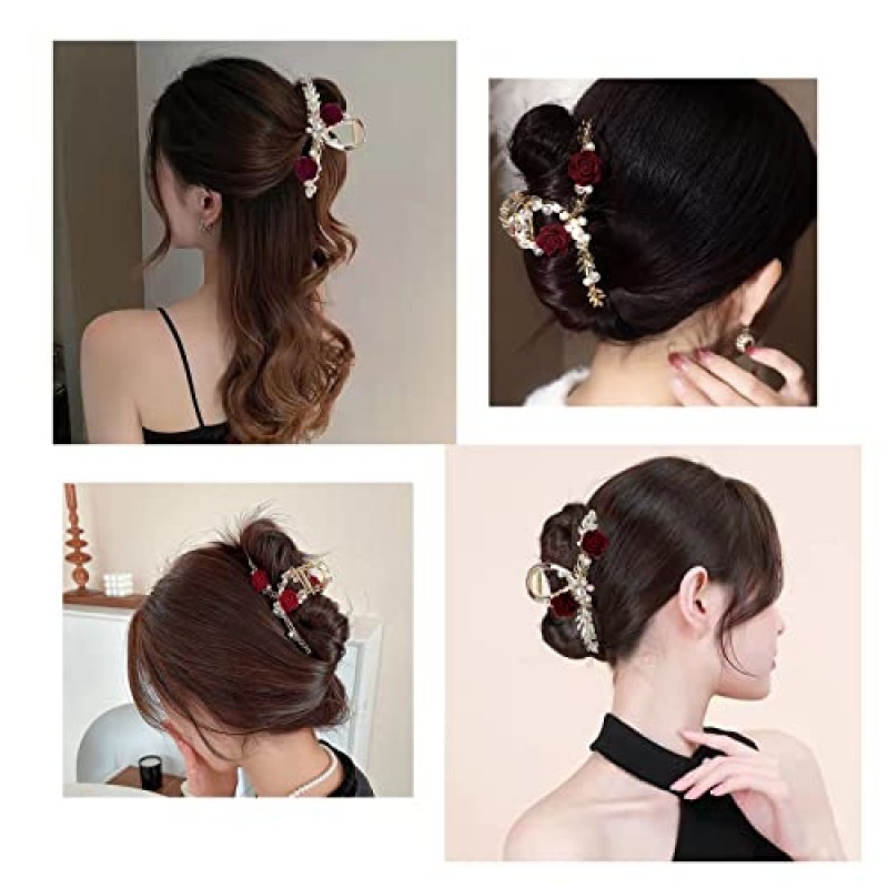 대형 장미 꽃 머리핀 중국 스타일의 꽃 머리 발톱 클립 금속 진주 머리핀 헤어 액세서리 중국어 복고풍 장미 머리 클램프 꽃 장식 여성을위한 패션 주얼리 (장미 머리핀)