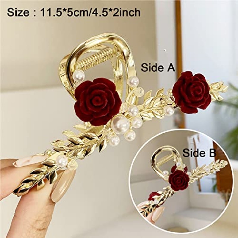 대형 장미 꽃 머리핀 중국 스타일의 꽃 머리 발톱 클립 금속 진주 머리핀 헤어 액세서리 중국어 복고풍 장미 머리 클램프 꽃 장식 여성을위한 패션 주얼리 (장미 머리핀)