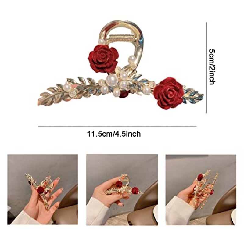 대형 장미 꽃 머리핀 중국 스타일의 꽃 머리 발톱 클립 금속 진주 머리핀 헤어 액세서리 중국어 복고풍 장미 머리 클램프 꽃 장식 여성을위한 패션 주얼리 (장미 머리핀)