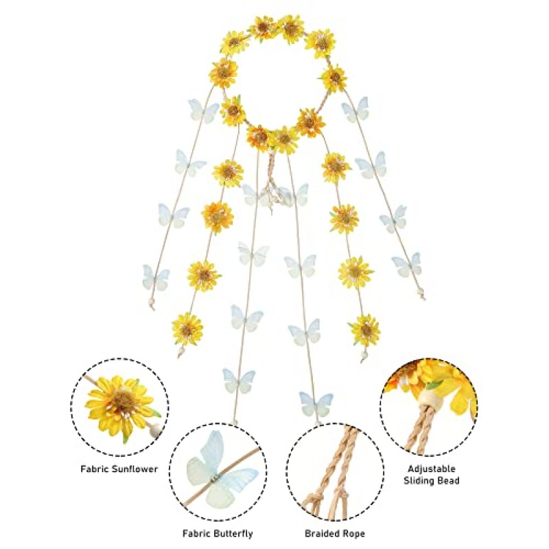 AWAYTR 꽃 히피 머리띠 꽃 크라운 Behemain 해바라기 비즈 조정 꽃 머리 장식 헤어 액세서리 (노란 해바라기 + 파란색과 녹색 나비)