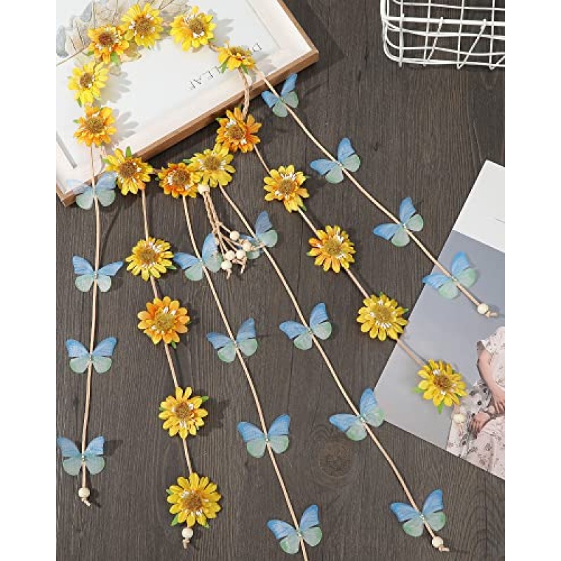 AWAYTR 꽃 히피 머리띠 꽃 크라운 Behemain 해바라기 비즈 조정 꽃 머리 장식 헤어 액세서리 (노란 해바라기 + 파란색과 녹색 나비)