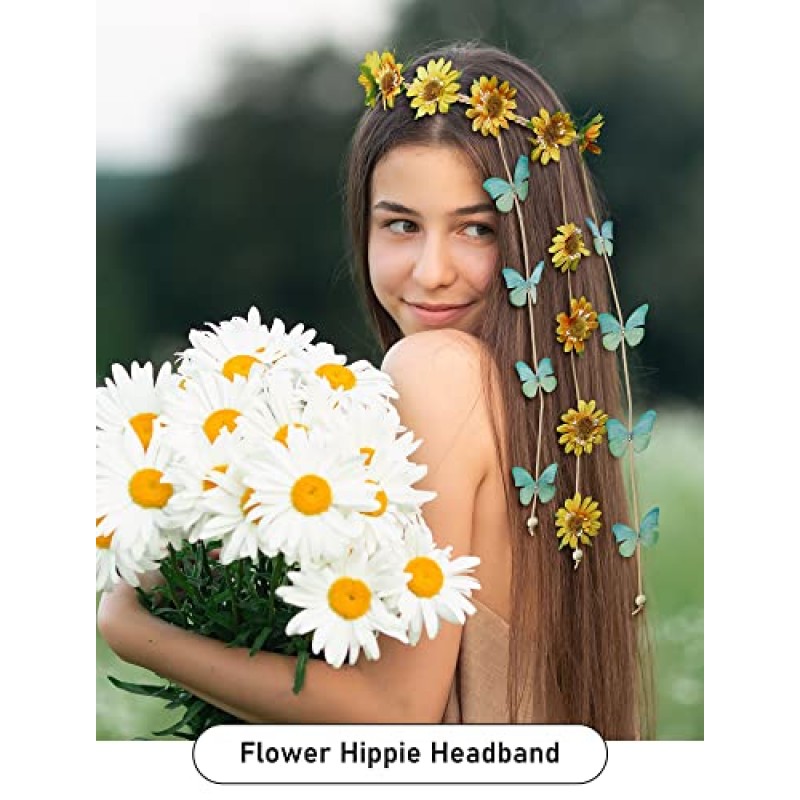 AWAYTR 꽃 히피 머리띠 꽃 크라운 Behemain 해바라기 비즈 조정 꽃 머리 장식 헤어 액세서리 (노란 해바라기 + 파란색과 녹색 나비)