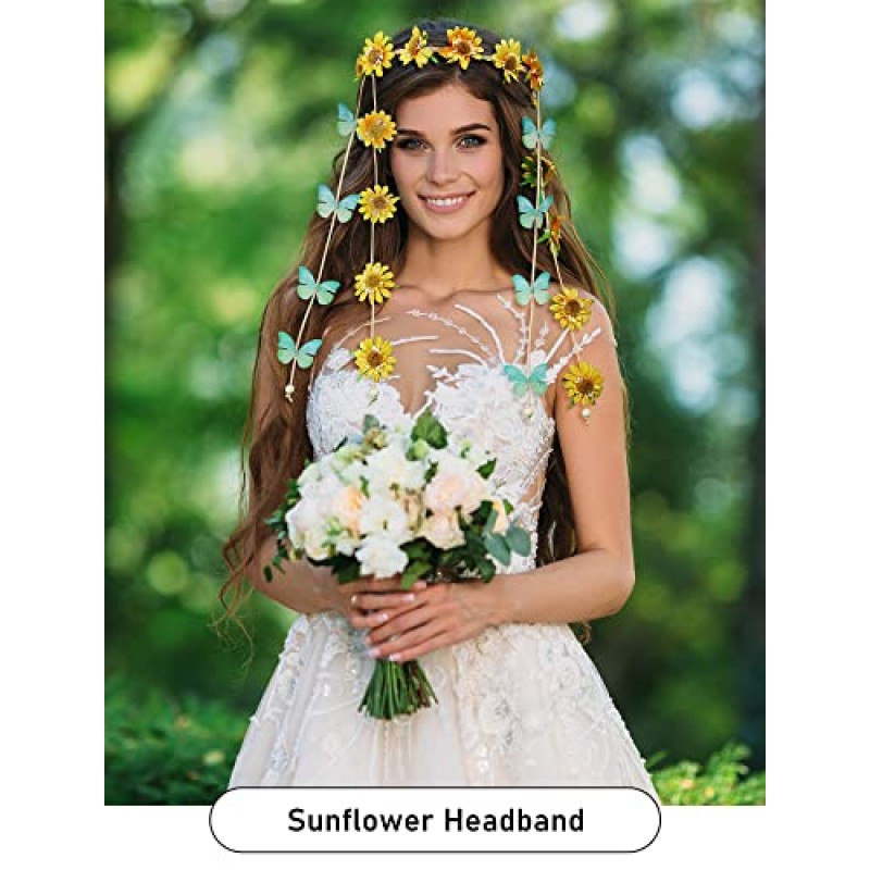 AWAYTR 꽃 히피 머리띠 꽃 크라운 Behemain 해바라기 비즈 조정 꽃 머리 장식 헤어 액세서리 (노란 해바라기 + 파란색과 녹색 나비)