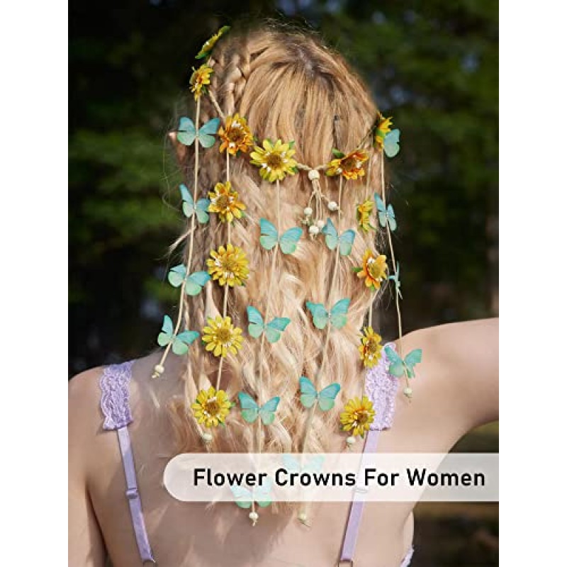AWAYTR 꽃 히피 머리띠 꽃 크라운 Behemain 해바라기 비즈 조정 꽃 머리 장식 헤어 액세서리 (노란 해바라기 + 파란색과 녹색 나비)