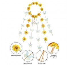 AWAYTR 꽃 히피 머리띠 꽃 크라운 Behemain 해바라기 비즈 조정 꽃 머리 장식 헤어 액세서리 (노란 해바라기 + 파란색과 녹색 나비)