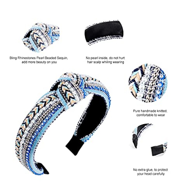 TOBATOBA 여성용 매듭 보호 머리띠, 3 팩 파란색 머리띠 매듭 머리띠, Diademas Para Mujer De Moda, 여성용 크리스탈 진주 머리띠, 여성용 넓은 터번 머리띠 여성용 미끄럼 방지 패션