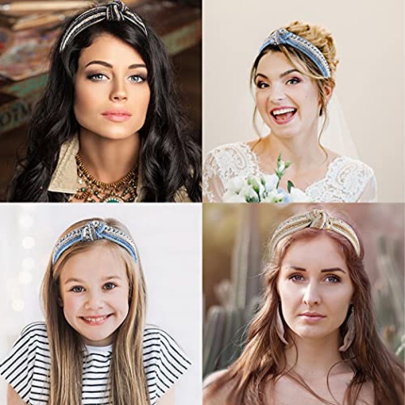 TOBATOBA 여성용 매듭 보호 머리띠, 3 팩 파란색 머리띠 매듭 머리띠, Diademas Para Mujer De Moda, 여성용 크리스탈 진주 머리띠, 여성용 넓은 터번 머리띠 여성용 미끄럼 방지 패션