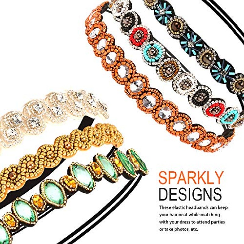 Teenitor 6pcs 라인 석 페르시 머리띠, 레이디 여성을위한 탄성 보석 헤어 밴드 소녀 헤어 액세서리 20-26.8 '다색