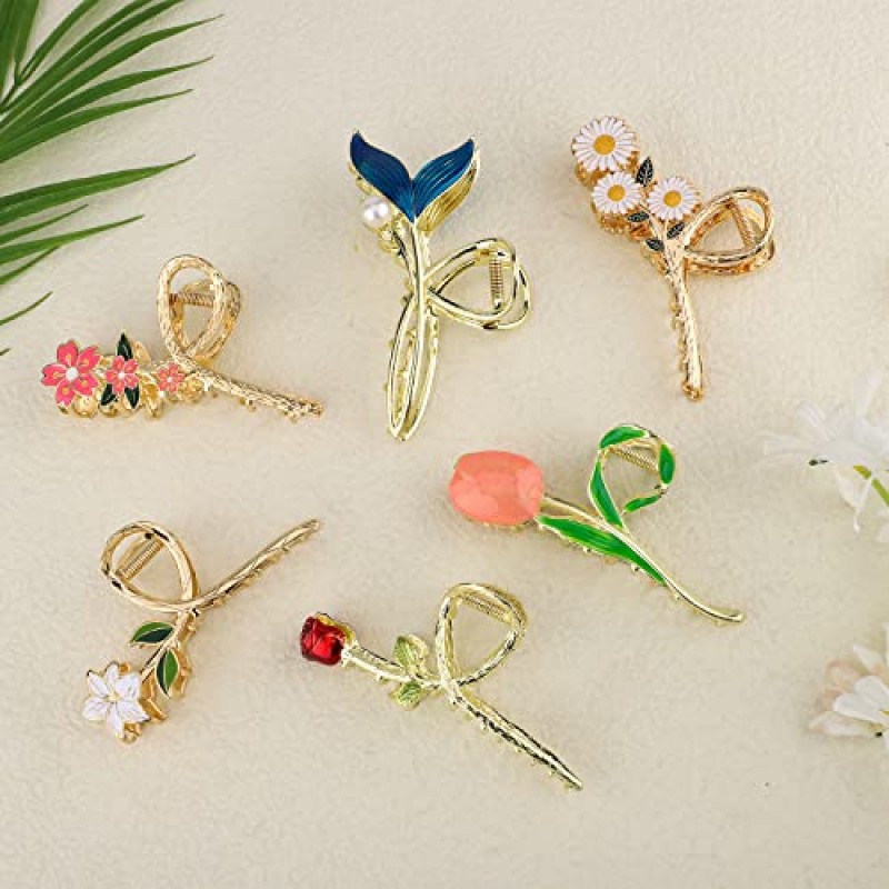 6pcs 꽃 금속 머리 클로 클립, 큰 귀여운 꽃 클로 클립 헤어 액세서리 여자 여자를위한 패션 꽃 헤어 클립 긴 머리 곱슬 머리 두꺼운 머리