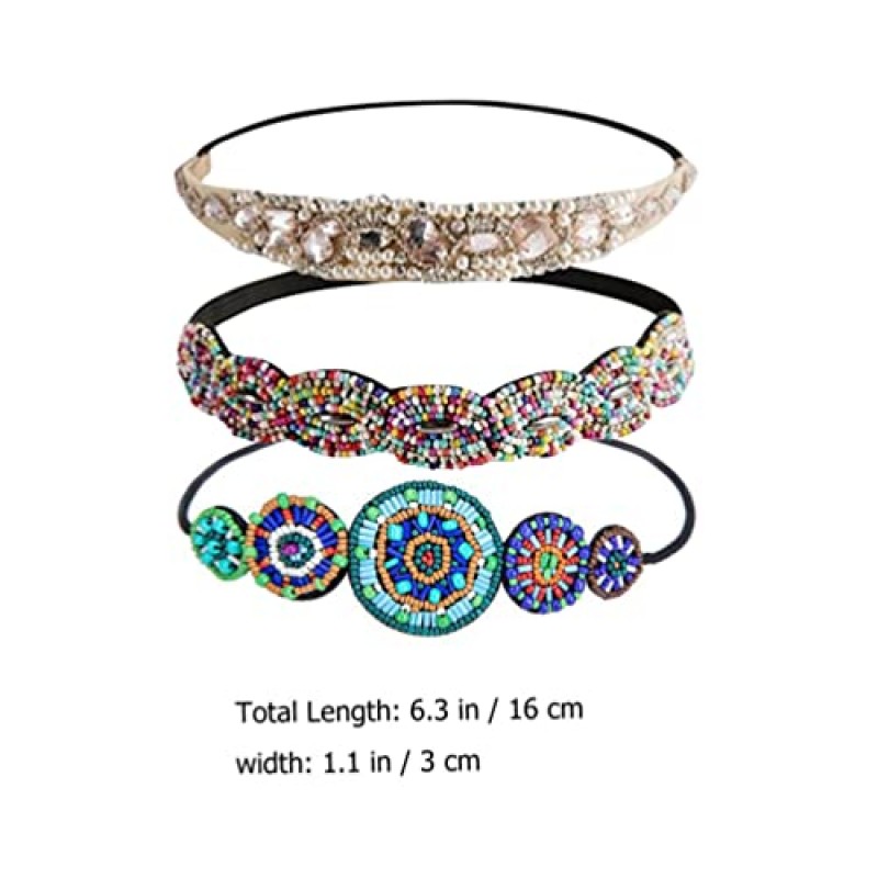 LALAFINA 라인스톤 헤어 액세서리 3pcs 탄성 라인스톤 머리띠 빈티지 비즈 라인스톤 머리띠 파란색 신축성 있는 머리띠 여성용 헤어 액세서리 여자 신부 스타일 1 여성용 머리띠