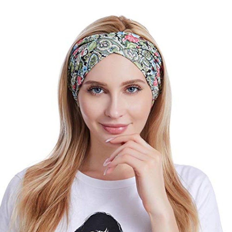 Bohend Boho 패션 머리띠 넓은 꽃 크리스 크로스 Bandeau 헤어 밴드 탄성 요가 스포츠 헤어 액세서리 여성과 소녀를위한 (G)