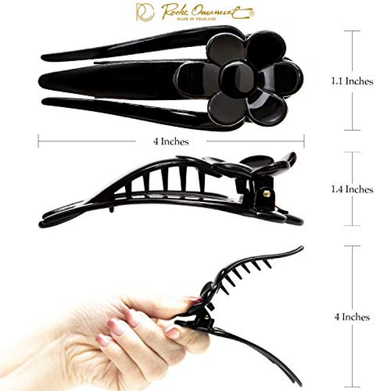 RC ROCHE ORNAMENT 6 Pcs 여성용 사이드 슬라이드 귀여운 꽃 프렌치 아일렛 헤어 클립 섹션 클리퍼 세련된 자용 머리핀 강력한 홀드 프리미엄 패션 액세서리, 미디엄 블랙