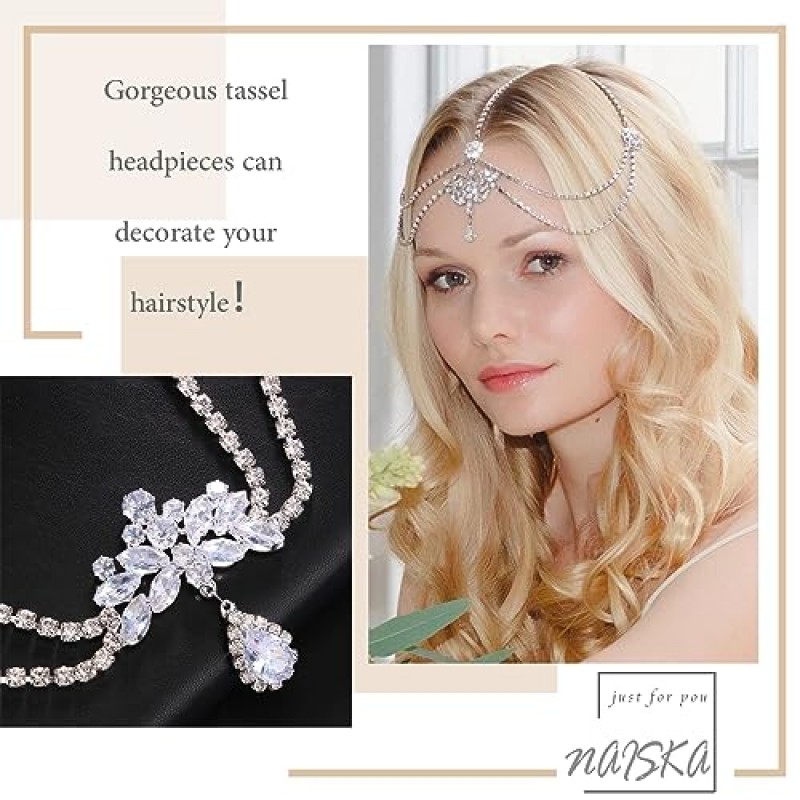 NAISKA 골드 헤드 체인 Boho 계층화 된 청록색 머리 장식 술 머리 보석 축제 여성과 소녀를위한 파티 파티