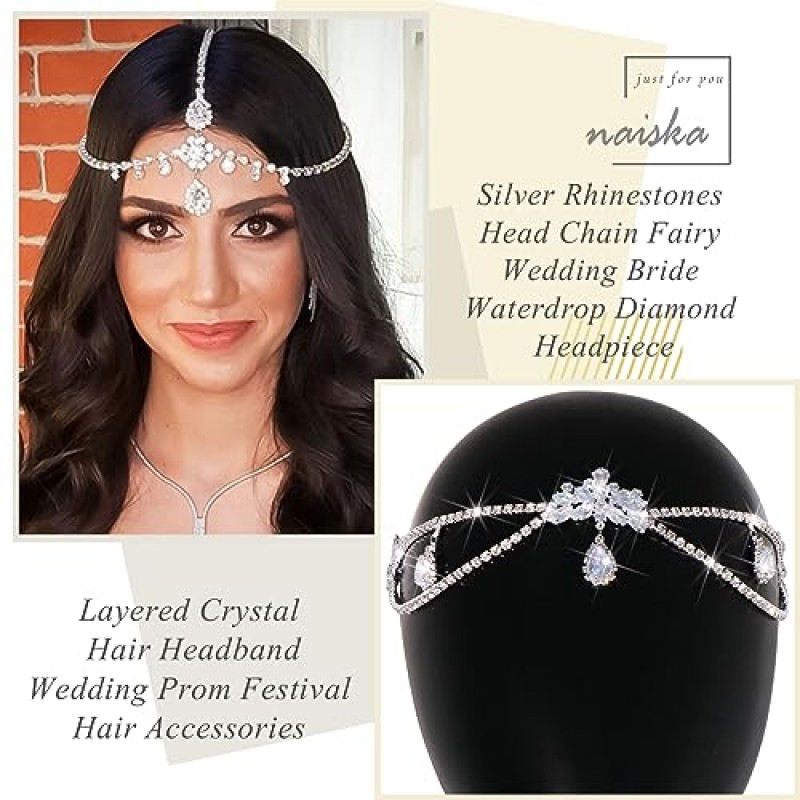 NAISKA 골드 헤드 체인 Boho 계층화 된 청록색 머리 장식 술 머리 보석 축제 여성과 소녀를위한 파티 파티