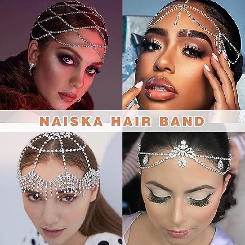 NAISKA 골드 헤드 체인 Boho 계층화 된 청록색 머리 장식 술 머리 보석 축제 여성과 소녀를위한 파티 파티