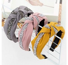 Kalyn 3Pcs 패션 라인 석 다이아몬드 머리띠, 새틴 매듭 머리띠 헤어 밴드 반짝이 헤어 밴드 여성용 헤어 액세서리 (노란색, 분홍색, 회색 색상)