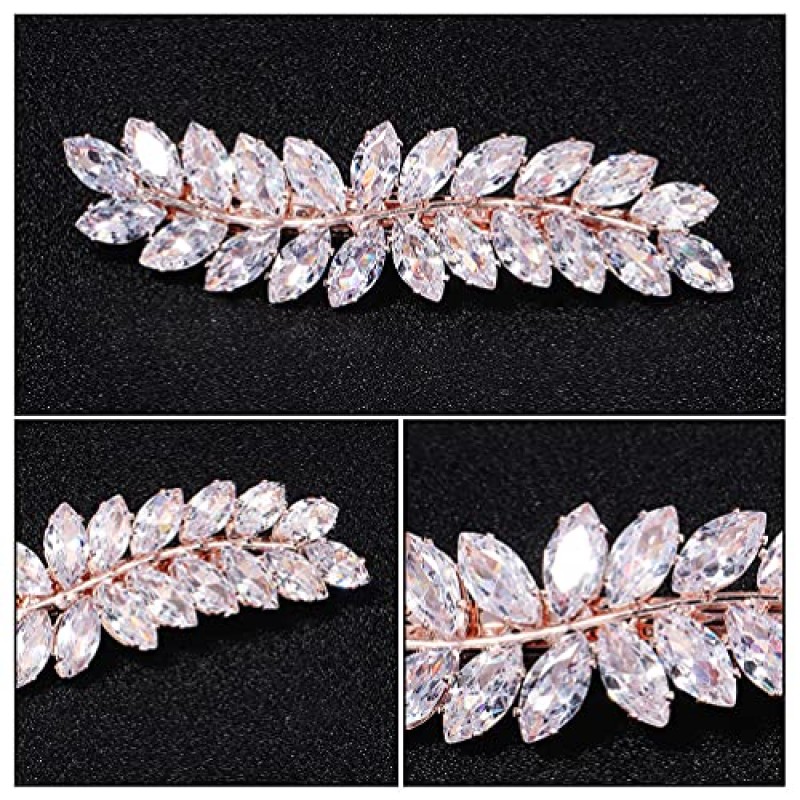 Beaupretty 라인 석 헤어 클립 크리스탈 잎 헤어 클립 다이아몬드 헤어 바레트 헤어 뱅 클램프 여성용 장식 악어 머리 핀 결혼식 신부 헤어 액세서리 로즈 골드