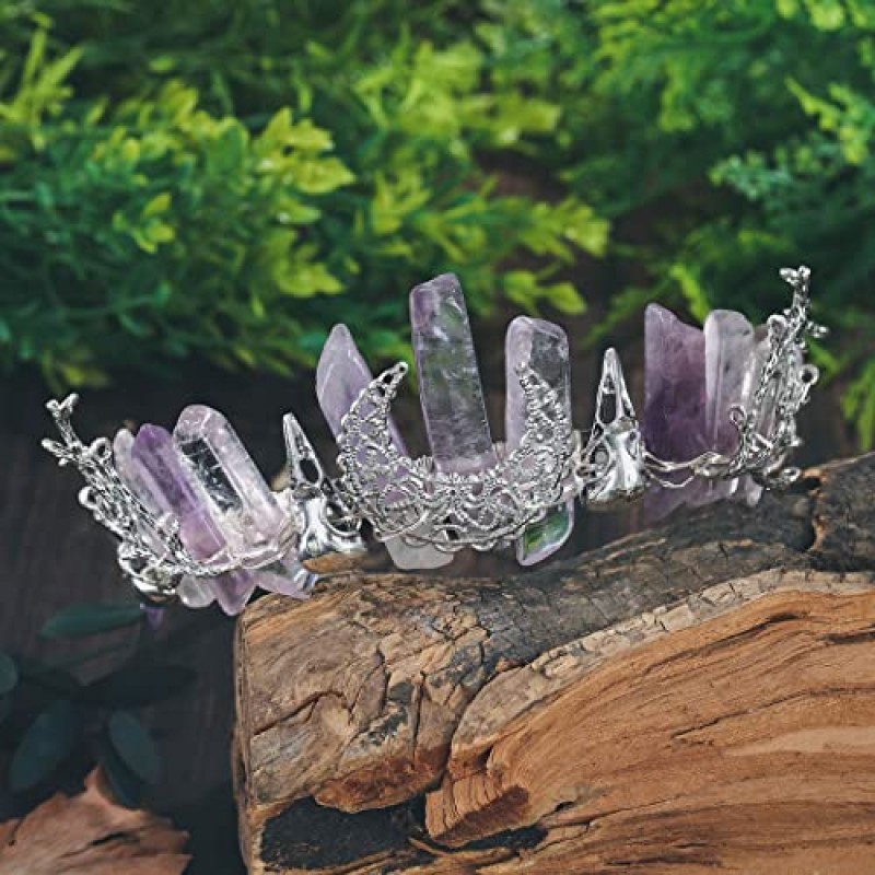 Forery 문 석영 머리띠 실버 크로우 원시 크리스탈 크라운 천연석 수제 지점 마녀 헤드 피스 여성용 헤어 액세서리