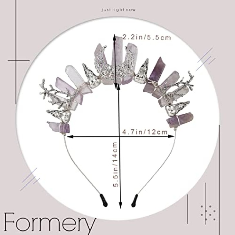 Forery 문 석영 머리띠 실버 크로우 원시 크리스탈 크라운 천연석 수제 지점 마녀 헤드 피스 여성용 헤어 액세서리