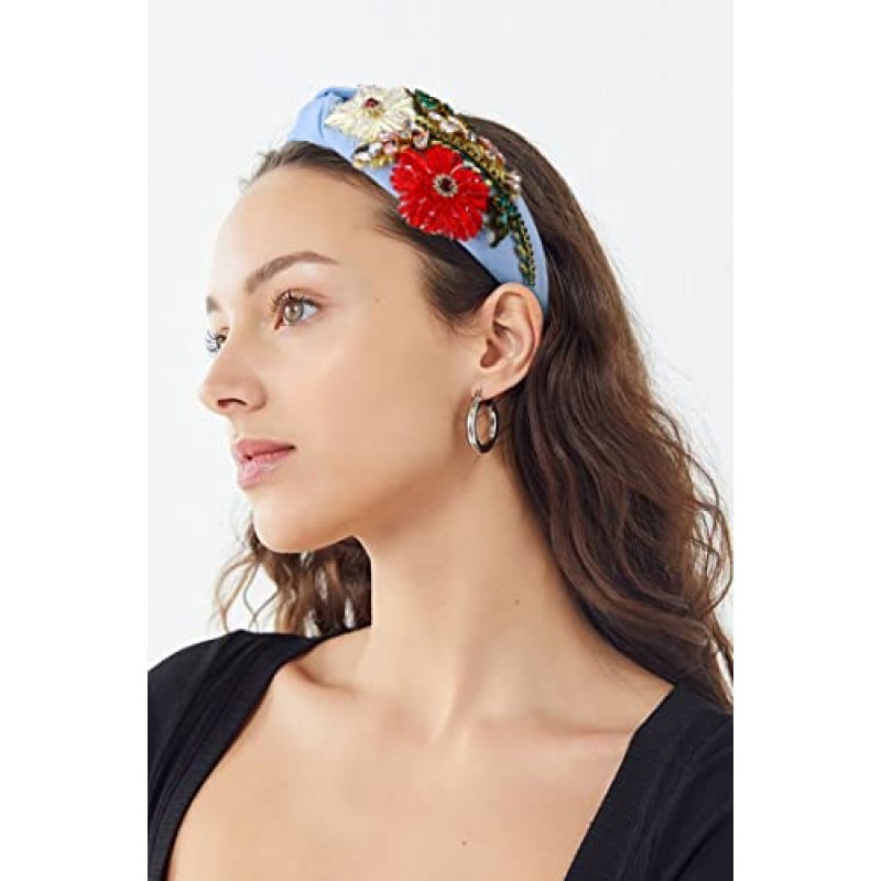 여성 성명을위한 라인 석 머리띠 크리스탈 매듭 터번 헤어 밴드 수제 페르시 수 놓은 꽃 머리 후프 탄성 멋진 와이드 헤어 액세서리 여자 보석 선물