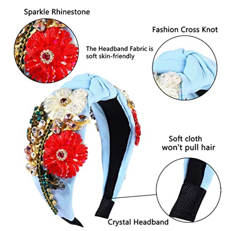 여성 성명을위한 라인 석 머리띠 크리스탈 매듭 터번 헤어 밴드 수제 페르시 수 놓은 꽃 머리 후프 탄성 멋진 와이드 헤어 액세서리 여자 보석 선물