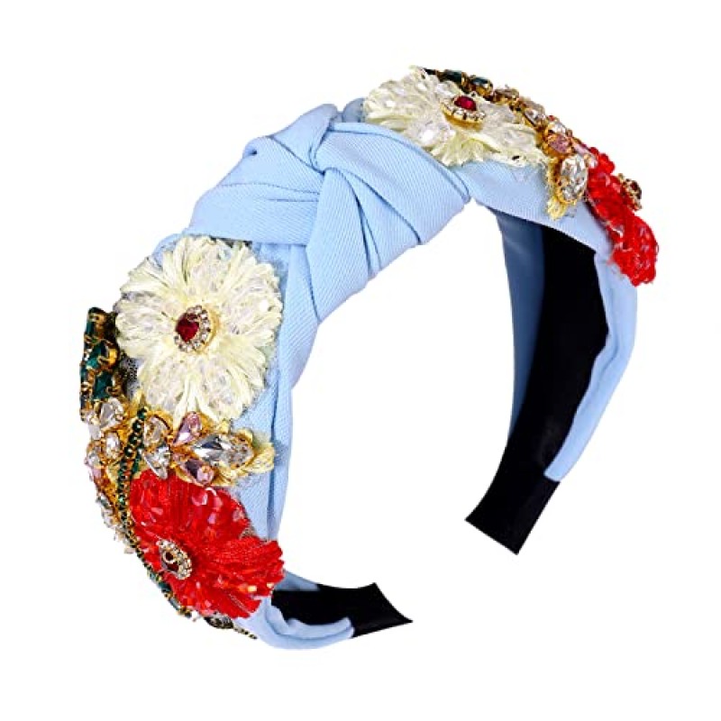 여성 성명을위한 라인 석 머리띠 크리스탈 매듭 터번 헤어 밴드 수제 페르시 수 놓은 꽃 머리 후프 탄성 멋진 와이드 헤어 액세서리 여자 보석 선물