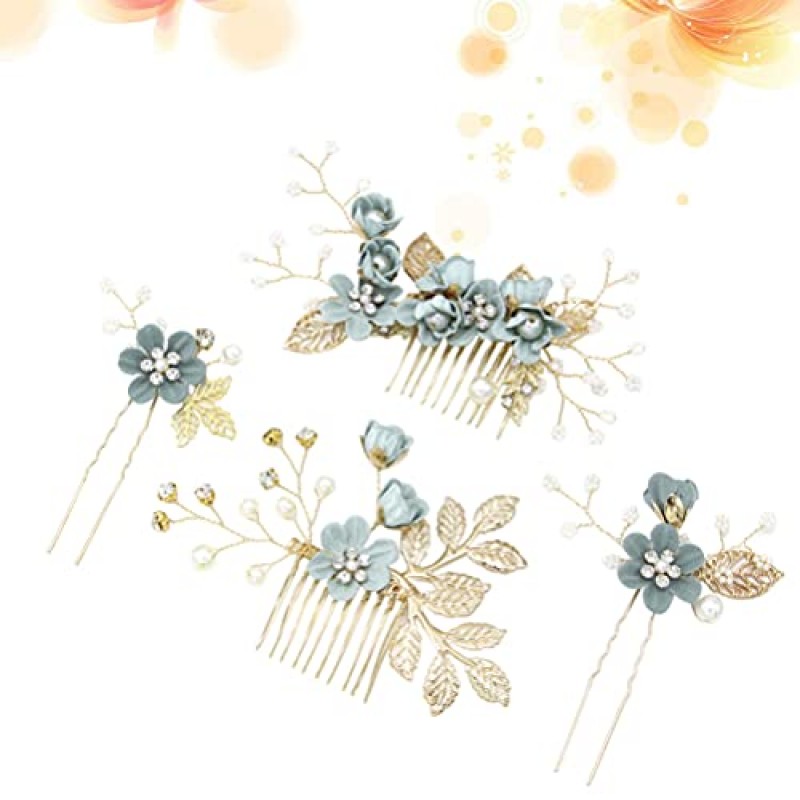 NUOBESTY 4pcs 웨딩 수제 패션 헤어 빗 세트 꽃 신부 머리 장식 헤어 액세서리 라인 석 신부 헤어 빗 신부 헤어핀 신부 웨딩 헤어 클립 웨딩 드레스 액세서리 (녹색)
