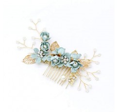 NUOBESTY 4pcs 웨딩 수제 패션 헤어 빗 세트 꽃 신부 머리 장식 헤어 액세서리 라인 석 신부 헤어 빗 신부 헤어핀 신부 웨딩 헤어 클립 웨딩 드레스 액세서리 (녹색)