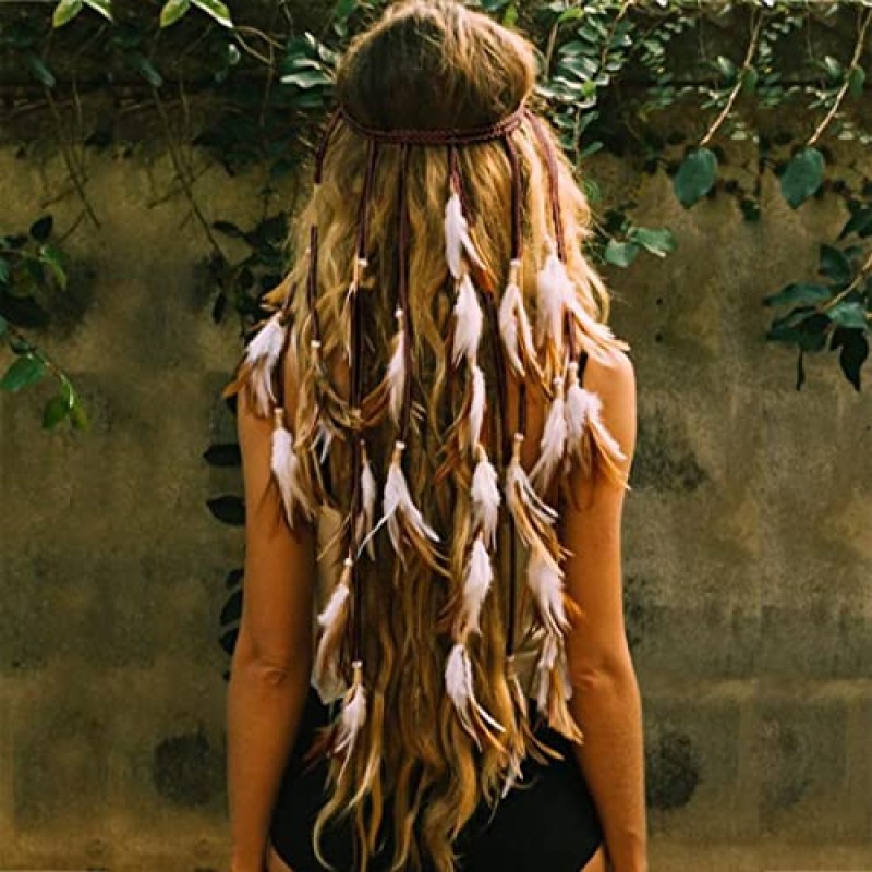 CAKURE Boho 깃털 머리띠 집시 액세서리 인도 깃털 헤드 피스 보헤미아 신부 깃털 헤어 밴드 여성과 소녀를위한 수제 로프 웨딩 헤어 액세서리 (세트 1)