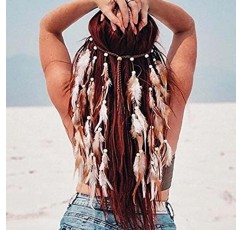CAKURE Boho 깃털 머리띠 집시 액세서리 인도 깃털 헤드 피스 보헤미아 신부 깃털 헤어 밴드 여성과 소녀를위한 수제 로프 웨딩 헤어 액세서리 (세트 1)