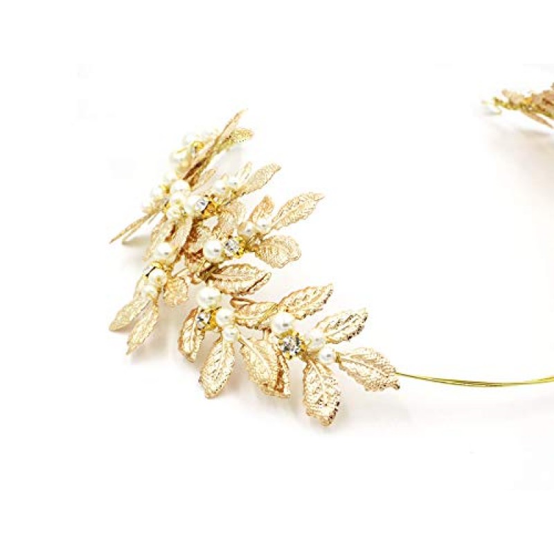 OUMOU 활 머리 액세서리를 묶기 위한 2개의 끝에 있는 흰색 리본 로마 여신 잎 가지 우아한 진주 신부 머리 장식 머리 드레스 크리스탈이 있는 보호 앨리스 밴드(로즈 골드, 16