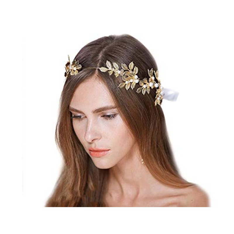 OUMOU 활 머리 액세서리를 묶기 위한 2개의 끝에 있는 흰색 리본 로마 여신 잎 가지 우아한 진주 신부 머리 장식 머리 드레스 크리스탈이 있는 보호 앨리스 밴드(로즈 골드, 16