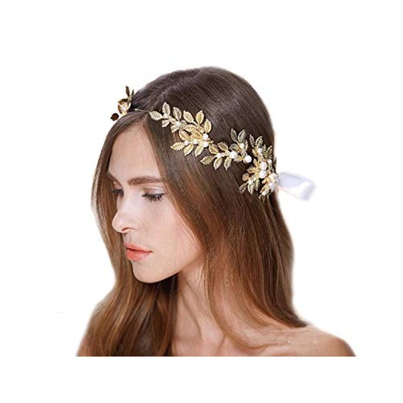 OUMOU 활 머리 액세서리를 묶기 위한 2개의 끝에 있는 흰색 리본 로마 여신 잎 가지 우아한 진주 신부 머리 장식 머리 드레스 크리스탈이 있는 보호 앨리스 밴드(로즈 골드, 16
