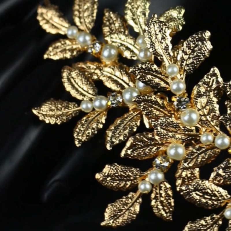 OUMOU 활 머리 액세서리를 묶기 위한 2개의 끝에 있는 흰색 리본 로마 여신 잎 가지 우아한 진주 신부 머리 장식 머리 드레스 크리스탈이 있는 보호 앨리스 밴드(로즈 골드, 16