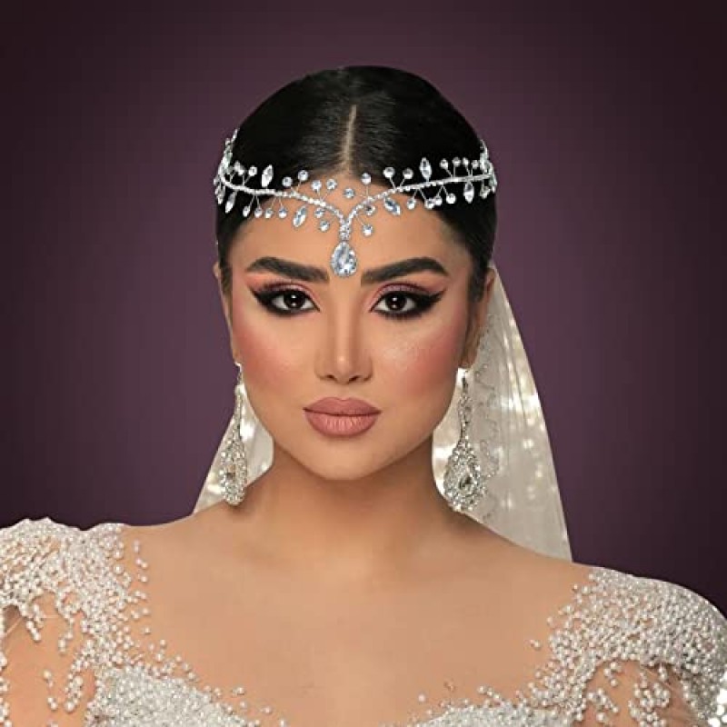 WONRLUA 신부용 웨딩 헤어 액세서리, 라인스톤 이마 머리띠, 결혼식용 신부 머리 장식
