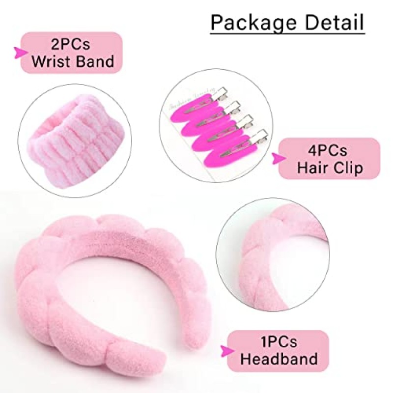 FANCYSIO 스킨케어 헤드밴드 세트 l 여성용 스파 헤어 액세서리 7개 팩 - 테리 천 헤드밴드, 손목 스크런치 및 헤어 클립(핑크)