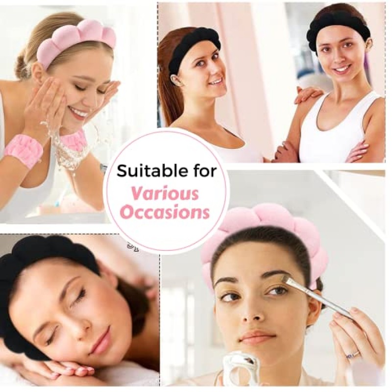 FANCYSIO 스킨케어 헤드밴드 세트 l 여성용 스파 헤어 액세서리 7개 팩 - 테리 천 헤드밴드, 손목 스크런치 및 헤어 클립(핑크)