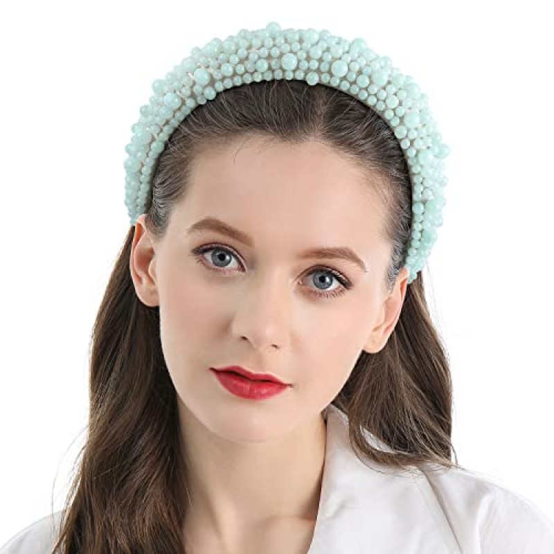 QIANXUAN 여성용 헤어 밴드 여성용 화이트 진주 머리띠 블랙 패딩 머리띠 라인 석 구슬 진주 헤어 액세서리 디자인 우아한 와이드 헤어 밴드