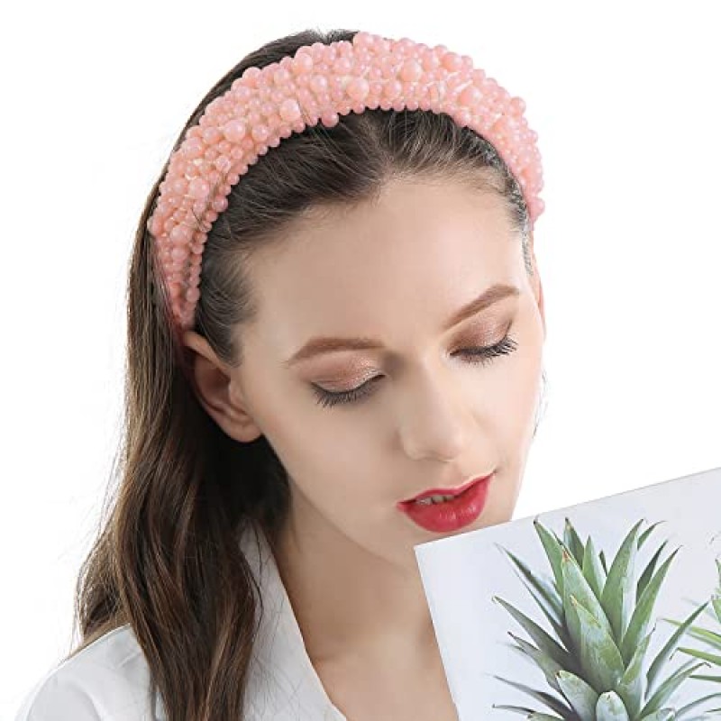 QIANXUAN 여성용 헤어 밴드 여성용 화이트 진주 머리띠 블랙 패딩 머리띠 라인 석 구슬 진주 헤어 액세서리 디자인 우아한 와이드 헤어 밴드