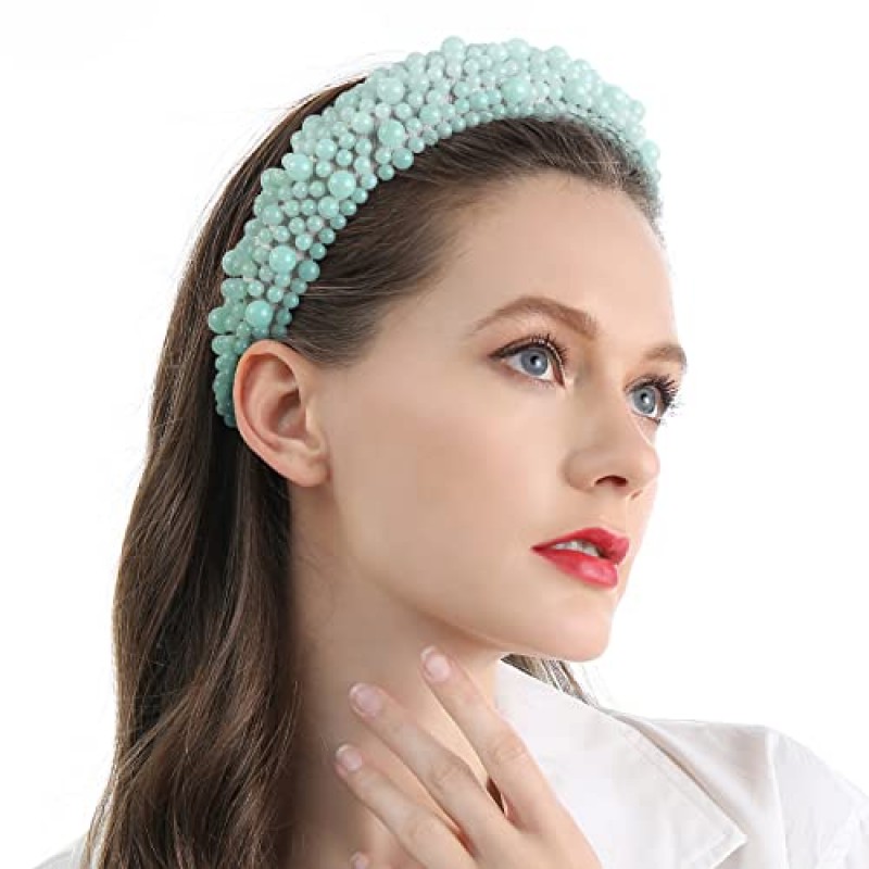 QIANXUAN 여성용 헤어 밴드 여성용 화이트 진주 머리띠 블랙 패딩 머리띠 라인 석 구슬 진주 헤어 액세서리 디자인 우아한 와이드 헤어 밴드