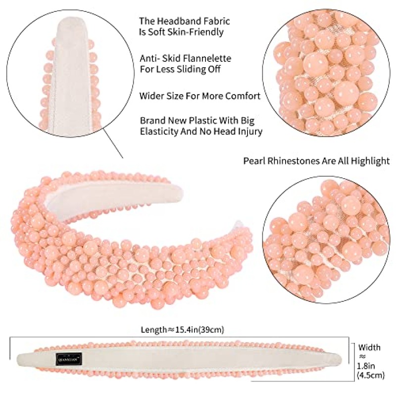 QIANXUAN 여성용 헤어 밴드 여성용 화이트 진주 머리띠 블랙 패딩 머리띠 라인 석 구슬 진주 헤어 액세서리 디자인 우아한 와이드 헤어 밴드
